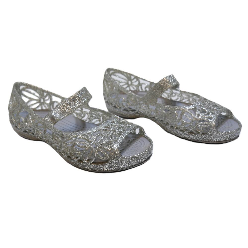 Crocs Isabella Flower Glitter Flat Jelly Sandals Silver Kids Size - 12C